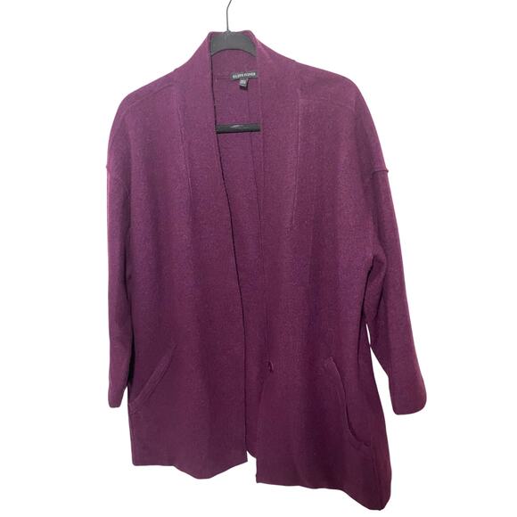 Eileen Fisher Lightweight Boiled Wool High Collar Plum Cardigan - Picture 4 of 9